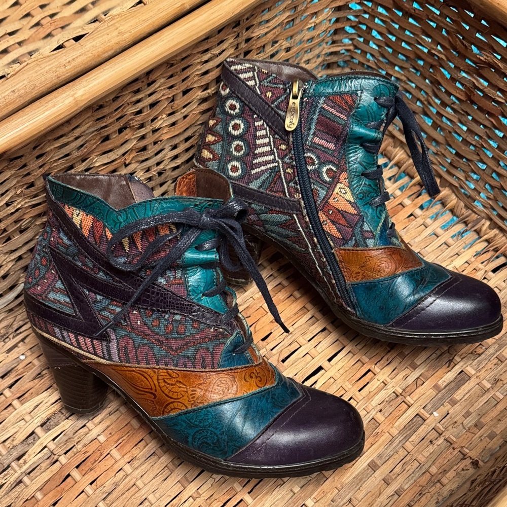 Artistic Teal and Brown Heeled Boots